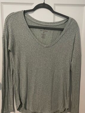American Eagle Outfitters Ribbed V-Neck Long Sleeve Top - Mint